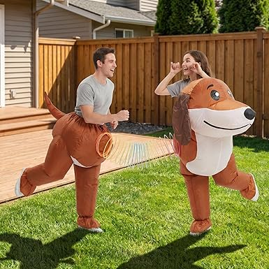 Couple Inflatable Dachshund Costume backyard party scene